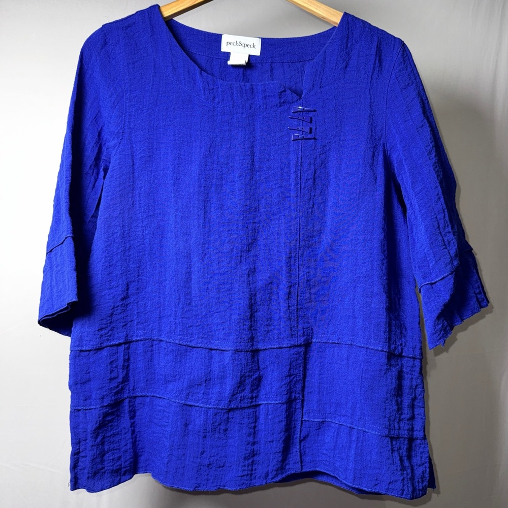 Peck & Peck Royal Blue Textured Tiered Blouse 3/4 Sleeve Toggle Detail Medium
